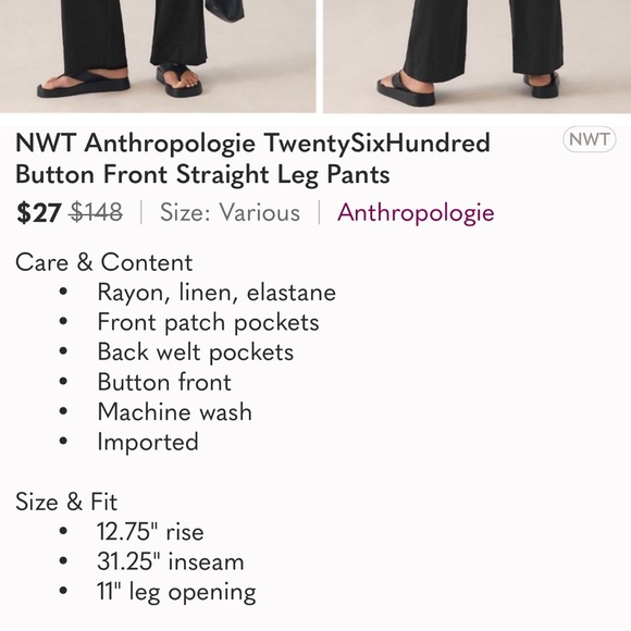 Anthropologie Twenty Six Hundred Black HR Linen Blend Pants size 6 - Picture 4 of 9